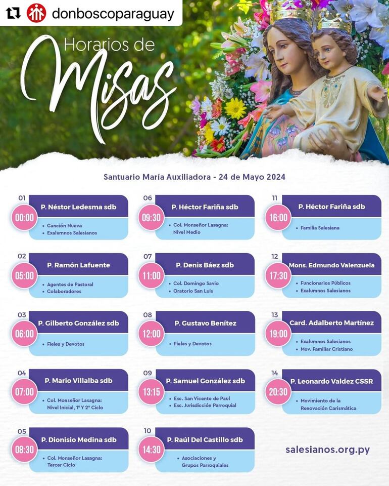 Horario de las misas de este viernes 24 de mayo, en el Santuario María Auxiliadora de Asunción.