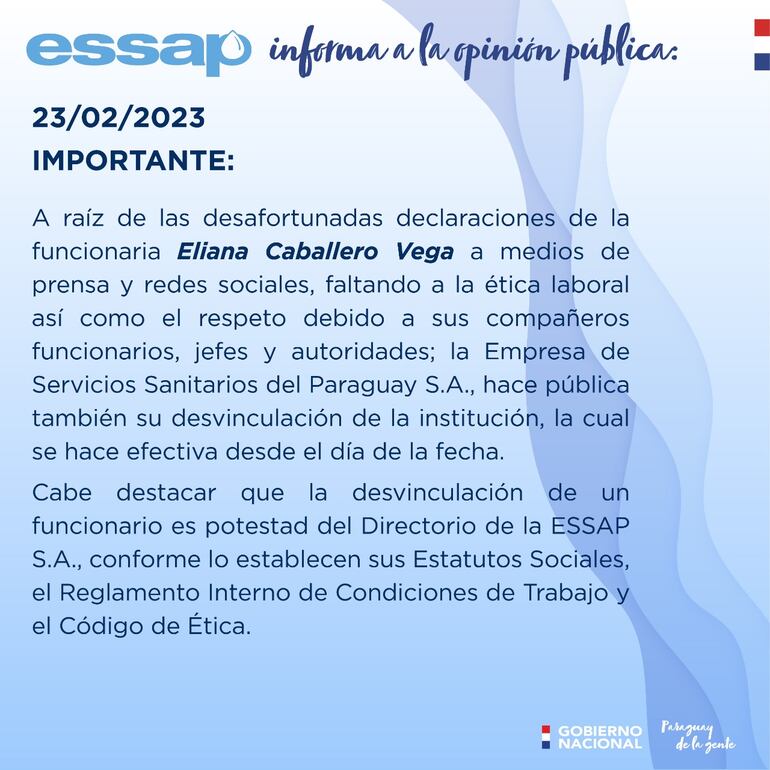 Comunicado público de la Essap donde se comunica la desvinculación de la funcionaria.