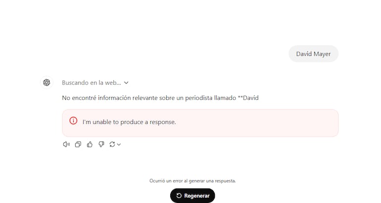 Por un error desconocido hasta el momento, ChatGPT no responde cuando se le consulta por "David Mayer".