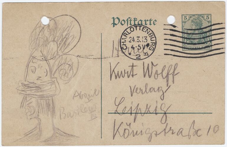 Postal (con dibujo) de Franz Kafka a su editor, Kurt Wolff, 24 de marzo de 1913
