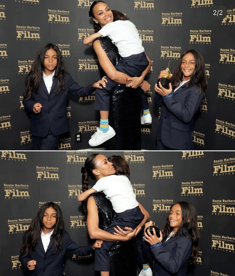 Zoe Saldaña y sus niños festejando el premio American Riviera en el Festival de Cine de Santa Bárbara. (Instagram/Zoe Saldaña)