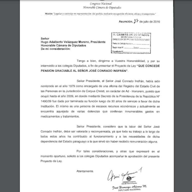 Proyecto presentado por el entonces diputado José Adorno.