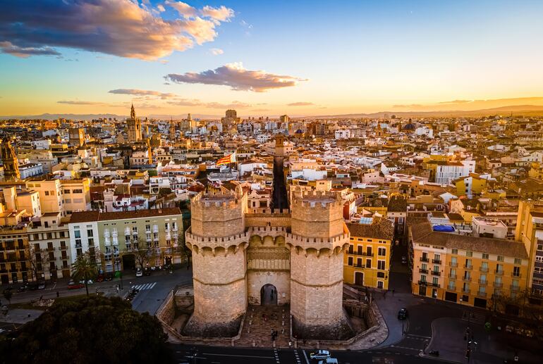 Vista aérea del casco antiguo de Valencia, España.