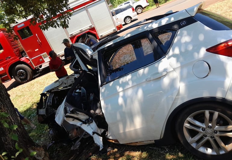 La camioneta chocó contra un árbol en el paseo central de la Ruta PY07.