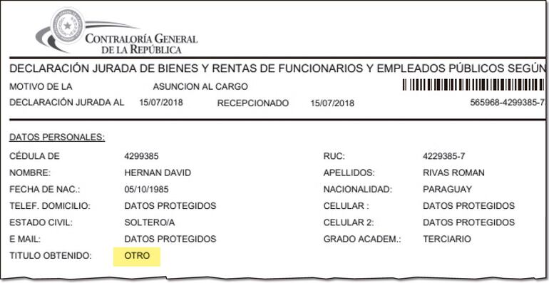 Todas las declaraciones juradas (DD.JJ.) del presidente del JEM. En ninguna aparece su cuestionado certificado de profesional del derecho. El senador dijo que se recibió en el 2015, pero hay dudas.