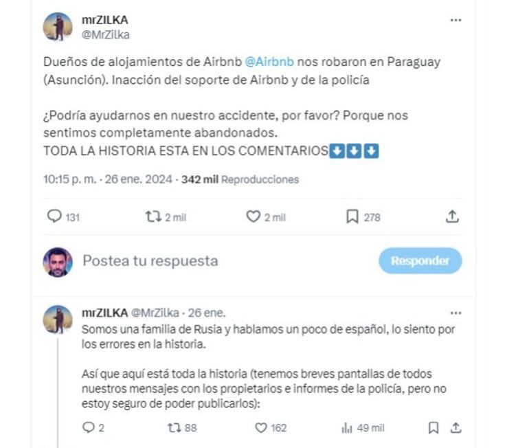 Posteo del denunciante donde cuenta detalles del hurto sufrido por su familia.