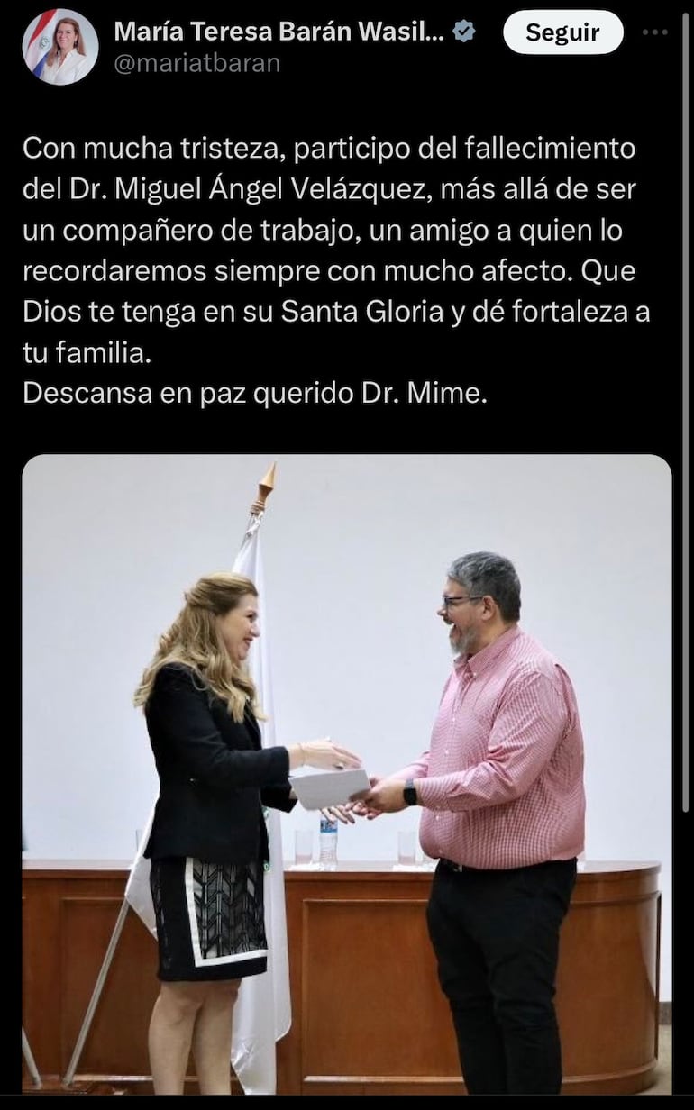 Publicación en X de la ministra de Salud María Tereza Barán sobre el fallecimiento de Miguel Ángel Velázquez Blanco, conocido como Doctor Mime.