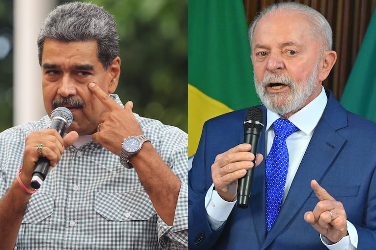 Combo de fotografías donde se observa al presidente de Venezuela, Nicolas Maduro (i) y al presidente de Brasil, Luiz Inácio Lula da Silva. El Gobierno de Venezuela revocó este sábado la representación de Brasil en las sedes diplomáticas de Argentina en territorio venezolano, que incluye la "custodia de los locales de la misión", incluido "sus bienes y archivos", según un comunicado de Cancillería.