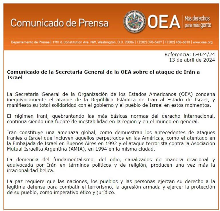 La OEA condena “inequívocamente” el ataque iraní y se solidariza con Israel