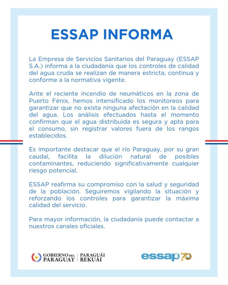 Comunicado de la Essap sobre controles en Puerto Fénix