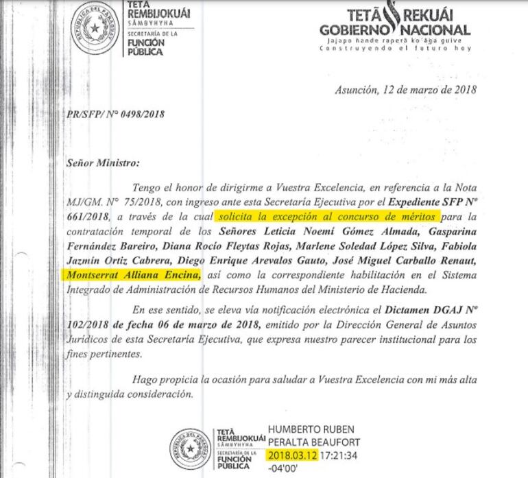 Cinco meses antes de fin del gobierno de Horacio Cartes, Montserrat Alliana ingresó sin concurso al Ministerio de Justicia.