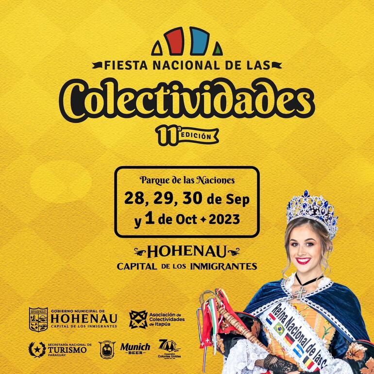 La Fiesta Nacional de las Colectividades en su 11ª edición arranca el 28 de septiembre, a las 19:30, en el Parque de las Naciones, en la ciudad de Hohenau, Itapúa con una nutrida agenda de cultura, música y diversión y culminará el 1 de octubre.