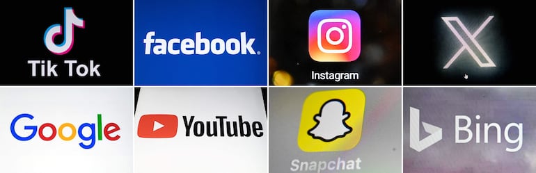 Los logotipos de los siguientes servicios y plataformas en línea: TikTok; Facebook; Instagram; X; (abajo de izquierda a derecha) Google; YouTube; Snapchat y Bing.