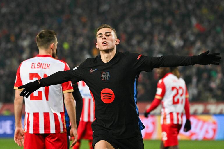 Barcelona's Spanish midfielder #16 Fermin Lopez celebrates after scoring a goal during the UEFA Champions League, League phase - Matchday 4 football match between Crvena Zvezda Beograd and FC Barcelona, at the Rajko-Mitic Stadium, in Belgrade, on November 6, 2024. (Photo by Andrej ISAKOVIC / AFP)