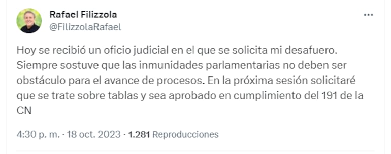 Tweet de Rafael Filizzolla sobre pedido de desafuero en su contra.