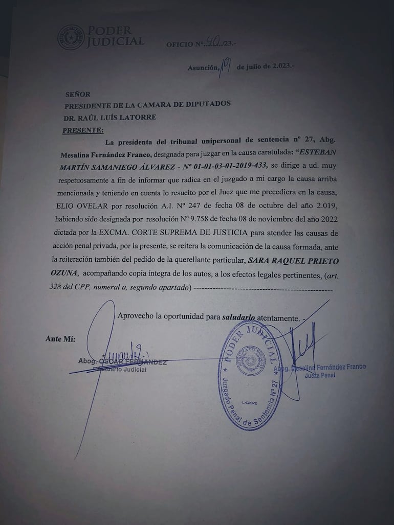 Nota de reiteración del pedido de tratamiento del desafuero del diputado Esteban Samaniego.