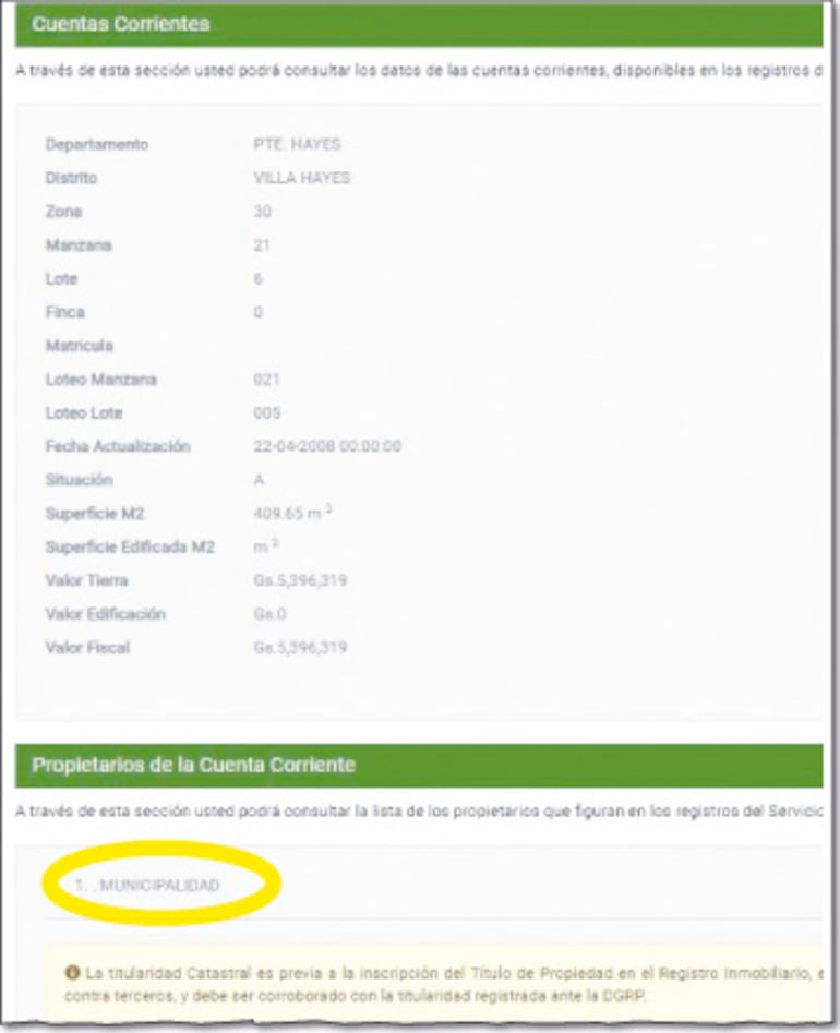 Datos expuestos en el portal de la SNC sobre una de las propiedades informadas por la Comuna.