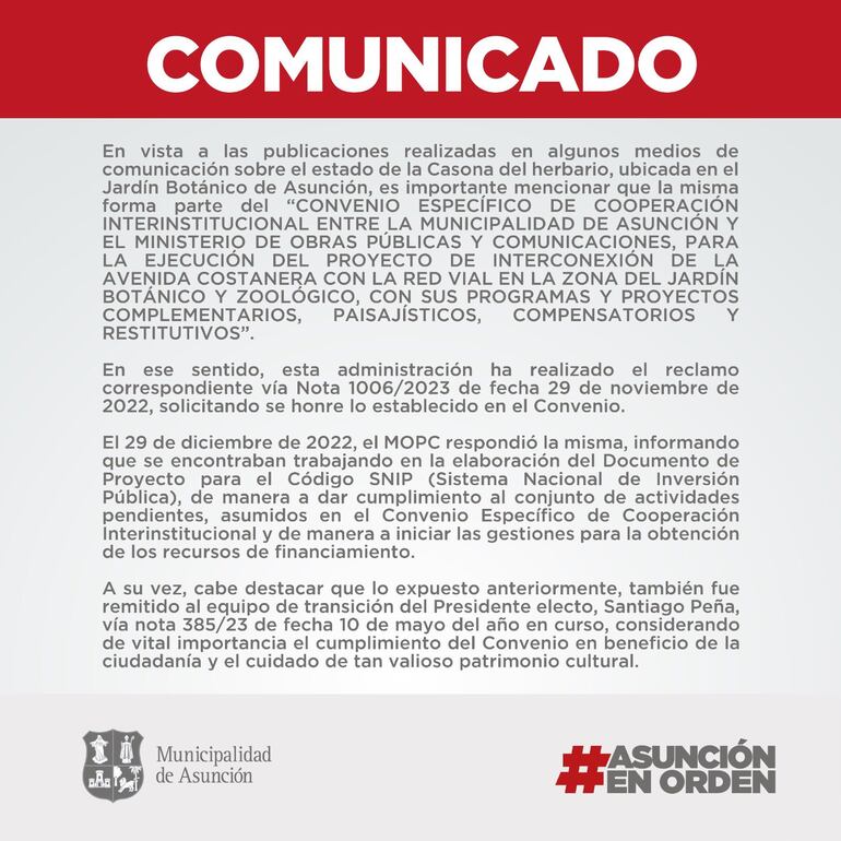 Comunicado de la municipalidad sobre el herbario municipal.