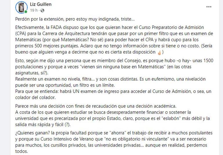 Posteo de Liz Guillén, ex referente del movimiento "UNA no te calles", sobre el examen de ingreso para el cursillo de ingreso.