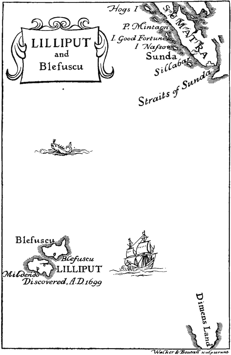 Mapa de Lilliput y Blefuscu en la edición de 1726 de Los Viajes de Gulliver (Travels into Several Remote Nations of the World) de Jonathan Swift. Impreso por Benjamin Motte imitando el estilo de los mapas de Herman Moll.