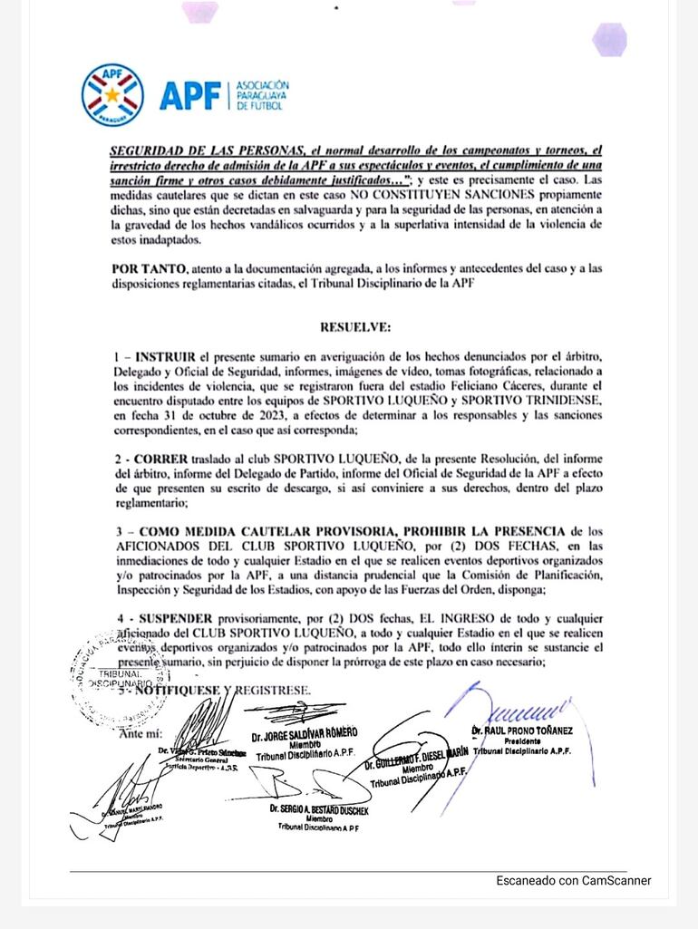 Resolución del Tribunal Disciplinario de la APF.