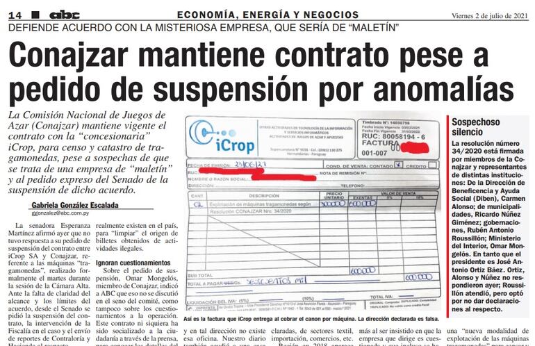 Publicación de ABC del 2 de julio, ocasión que se denunció que Conajzar defiende contrato con empresa cuyos referencias se desconocen. Los integrantes del consejo, designados por el presidente de la República, Mario Abdo Benítez, se mantienen en absoluto silencio.