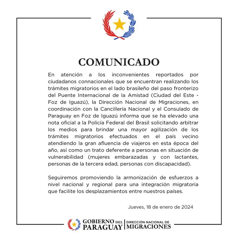 Comunicado de Migraciones con respecto al reclamo de los paraguayos en el cruce fronterizo de Foz de Iguazú.