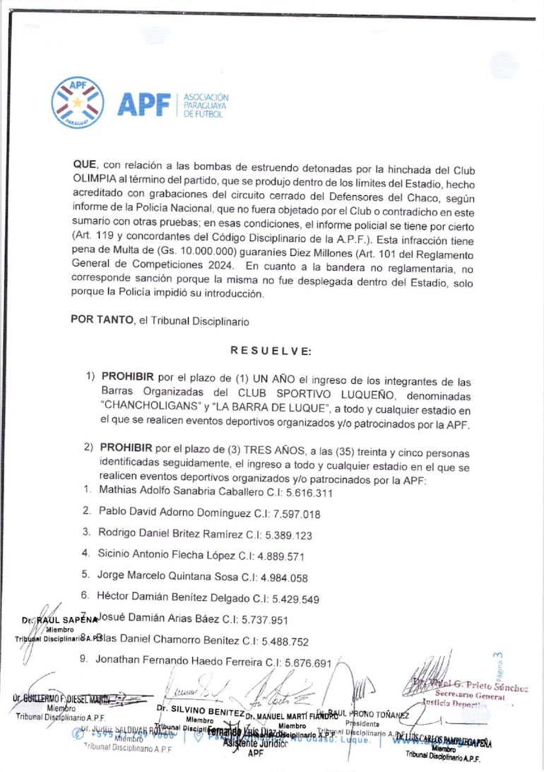 Las 35 personas que tiene el ingreso prohibido a los partidos del fútbol paraguayo por el plazo de 3 años.