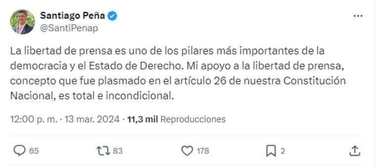 Tweet de Santiago Peña sobre la libertad de prensa.