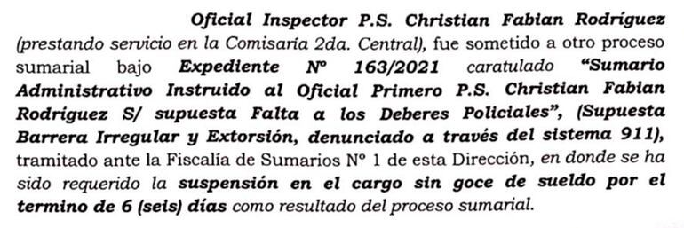 Antecedente del oficial Cristhian Fabián Rodríguez, en la Dirección de Asuntos Internos de la Policía.