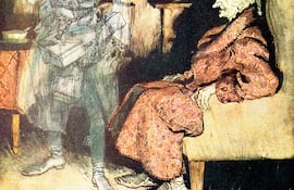 Ebenezer Scrooge y el fantasma de Marley en una ilustración de Arthur Rackham (1867-1939) para el relato de Dickens A Christmas Carol (Cuento de Navidad).