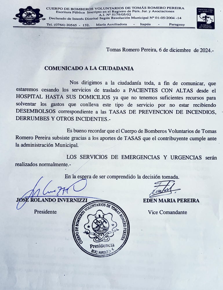 Municipalidad de Tomás Romero Pereira no paga hace seis meses lo recaudado con tasa especial para bomberos.