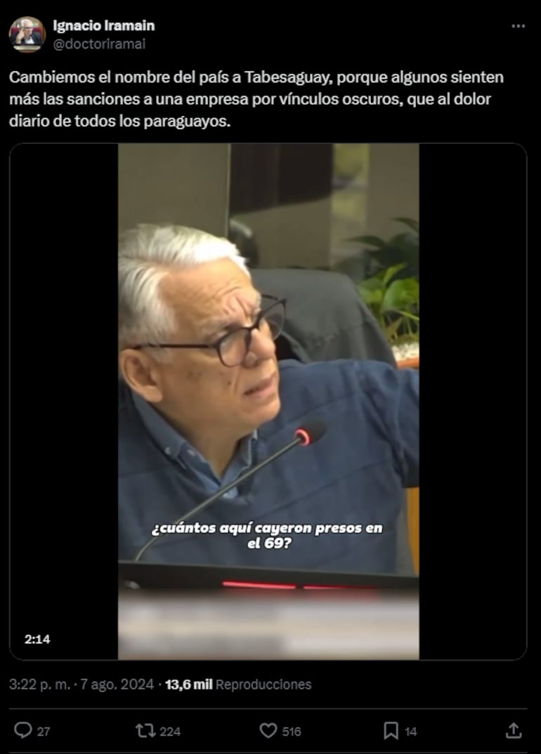 El senador Ignacio Iramain ironizó sobre cambiar el nombre del país a Tabesaguay tras las expresiones de indignación de cartistas en el pleno por la sanción a Tabesa.