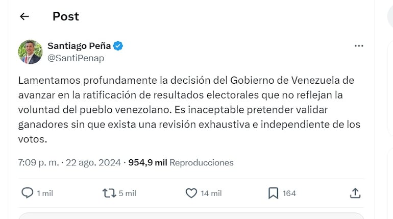 Posteo de Santiago Peña sobre Venezuela.