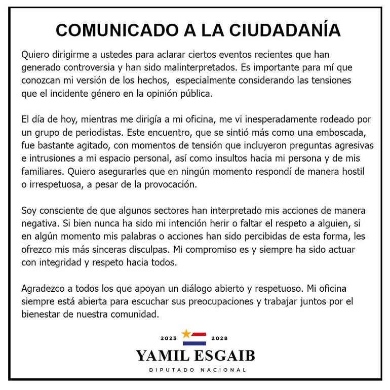 Nuevo comunicado del diputado Yamil Esgaib.