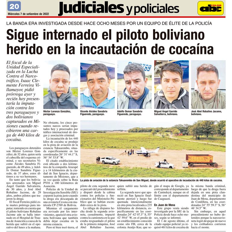 Publicación de ABC Color sobre la incautación de 440 kilos de cocaína en San Ignacio, Misiones.