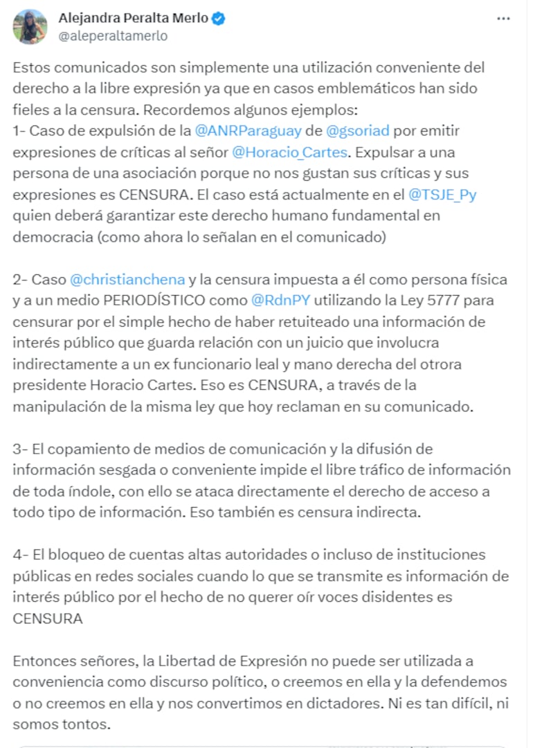 Tweet de Alejandra Peralta Merlo en el que explica como Honor Colorado busca utilizar a conveniencia libertad de expresión tras denuncia por violencia hacia la mujer contra el diputado Rodrigo Gamarra.