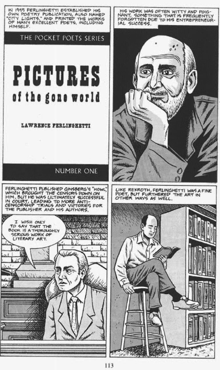 Lawrence Ferlinghetti en el cómic The Beats: A Graphic History, de Harvey Pekar et al. (Hill and Wang, 2009, 208 pp.).