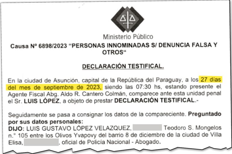 Encabezado de la declaración del comisario Luis  López, con fecha 27 de setiembre  de 2023. El efectivo habría acudido dos veces.