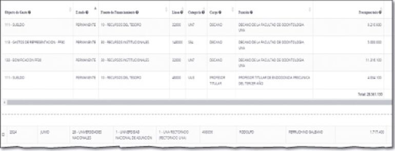 Planilla de pagos al decano de Odontología UNA, Rodolfo Perruchino, de acuerdo con el portal de pagos del Gobierno.