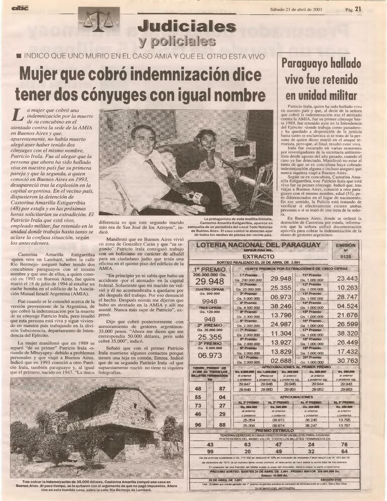 Publicación de ABC Color del 21 de abril de 2000 sobre la estafa de Castorina y sus supuestos dos maridos con el mismo nombre.