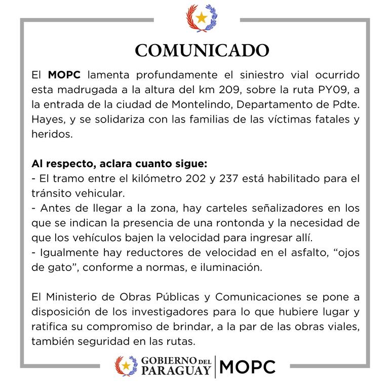 Comunicado del MOPC sobre la señalética en la zona del accidente en Montelindo.