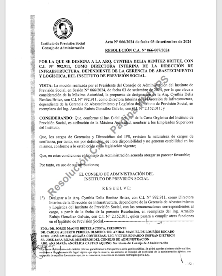 Resolución del IPS por el que se nombra a Cynthia Delia Benítez Brítez como directora interina de Infraestructura.