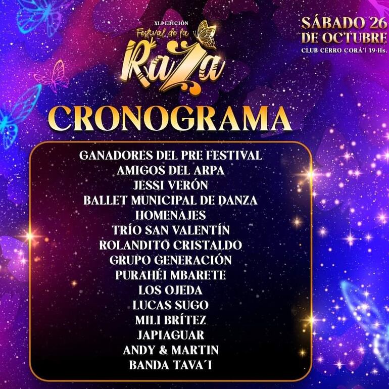 Cronograma de actividades para la edición 56 del festival de la Raza. Esta noche se celebrará la edición número 56 del tradicional Festival de la Raza en el Club Cerro Corá de esta ciudad. El evento comenzará a las 19:00 y contará con la participación de destacados artistas nacionales e internacionales.