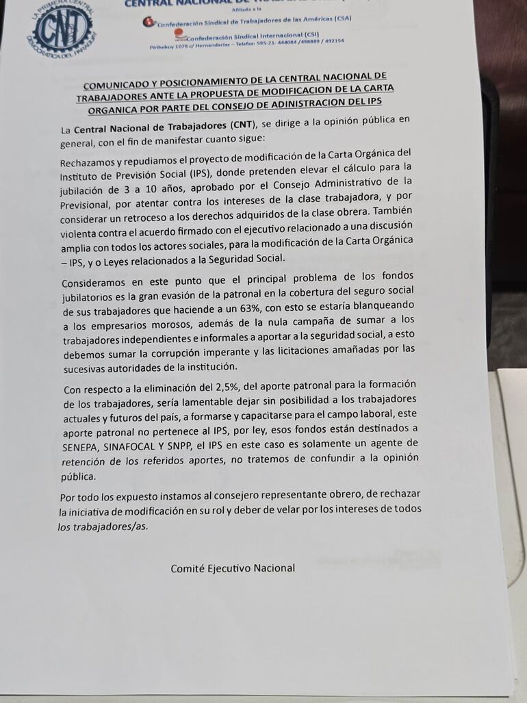 Posición de la Central Nacional de Trabajadores sobre propuesta de reforma en IPS.