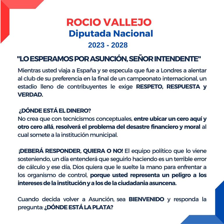 Comunicado de la diputada Rocío Vallejo.