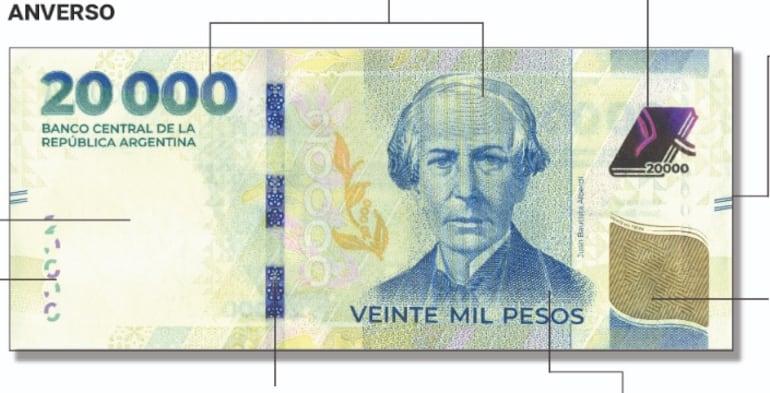 Nuevo billete e 20 mil pesos argentinos emitido por el Banco Central de Argentina.