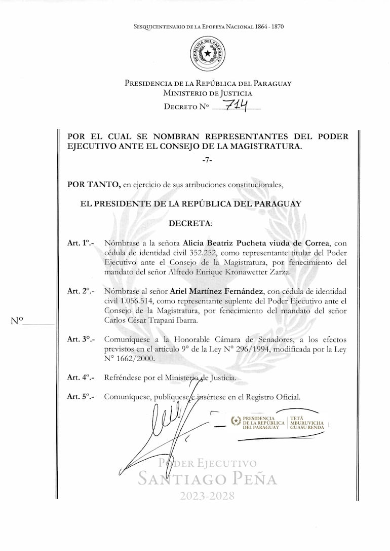 Decreto presidencial que designa a Alicia Pucheta como representante del Poder Ejecutivo ante el Consejo de la Magistratura.