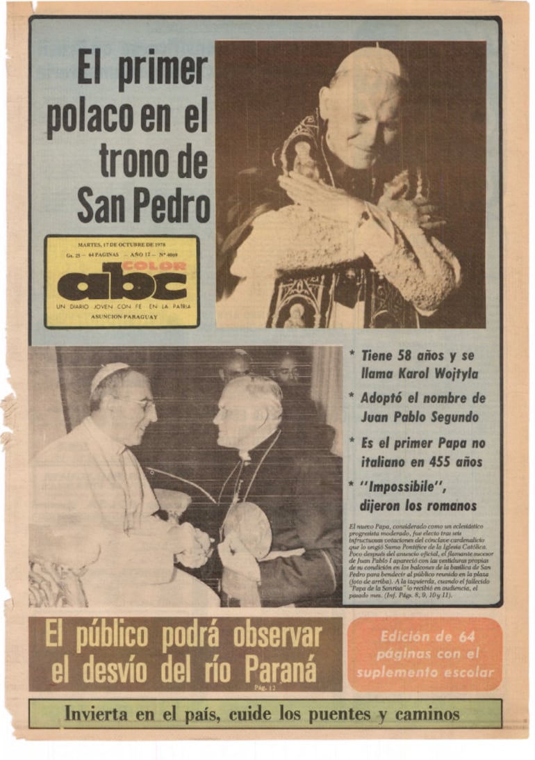 Publicaciones de ABC Color del 17 de octubre de 1978. Eligieron a Juan Pablo II como papa.