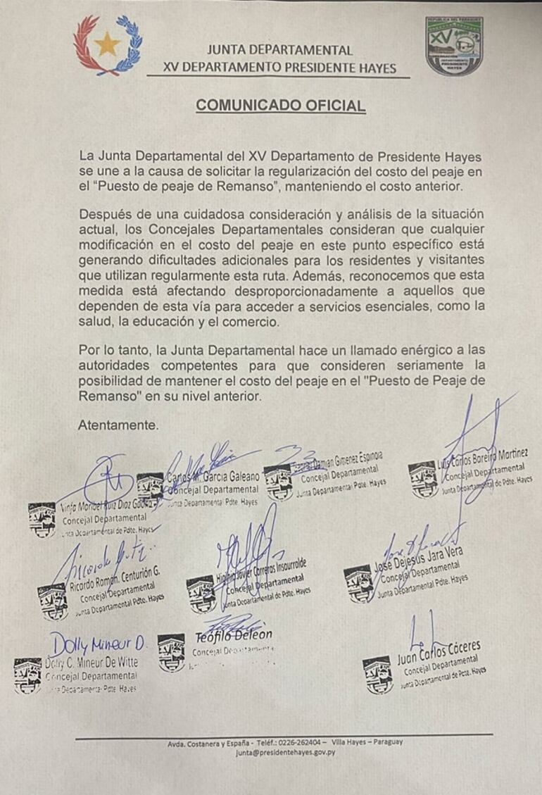 Comunicado de la Junta Departamental de Presidente Hayes.